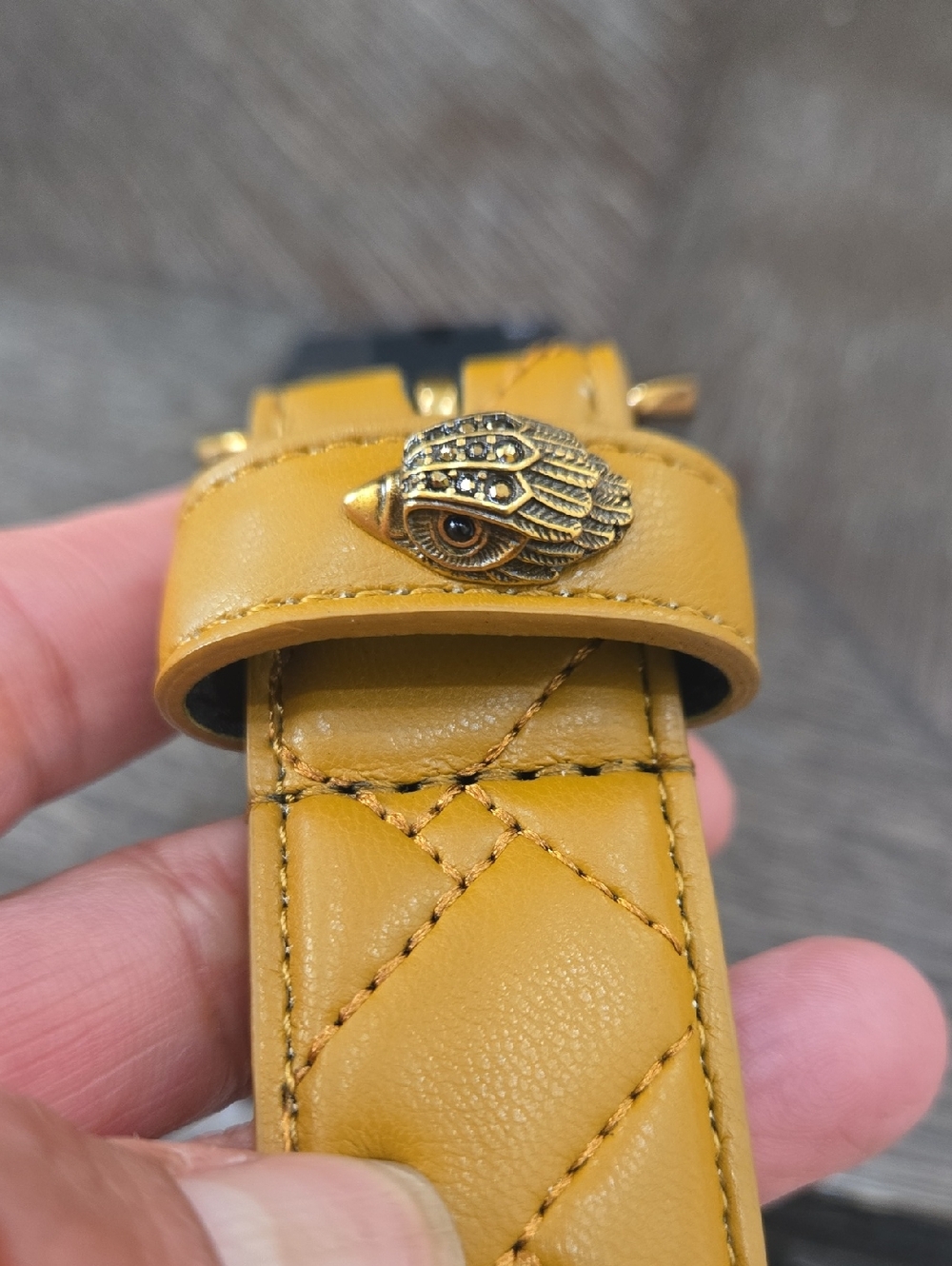 Womens Mustard Leather Quilted Belt  with Ornate Metal Accent